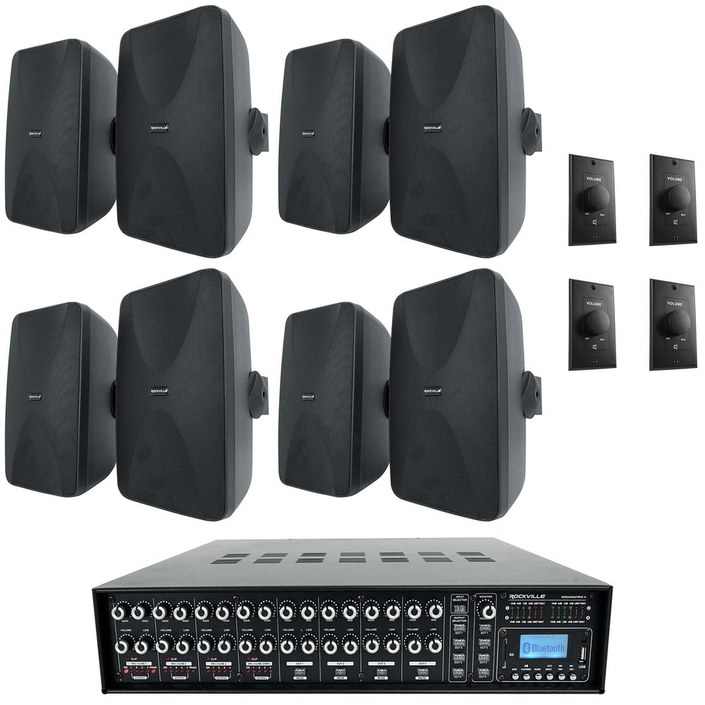 Rockville WET-6525B Bundle: (8) 6.5 in Black 70V Wall Speakers, (4) VOL70100 Wall Volume Controls, Rock Matrix 4 Zone 70V Commercial Amplifier with Matrix Source Routing, 13-Items