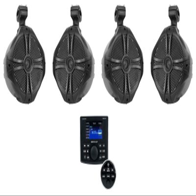 Rockville Marine Audio Bundle: (4) RWB90B Black 8" 300-Watt Peak Wakeboard 360 Swivel Tower Speakers, RGHR-ZA 4 Zone Marine Gauge Hole Receiver with Bluetooth, App Control, Remote, 5-Items