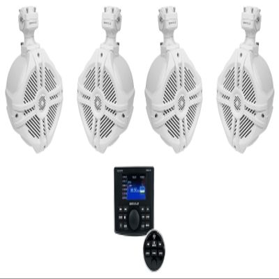 Rockville RGHR-ZA Bundle: 4-Zone Marine Bluetooth Receiver with App Control, (4) RWB70W 6.5" 250W Peak / 150W RMS 4 White Marine Wakeboard Speakers with 360 Swivel, 5-Items