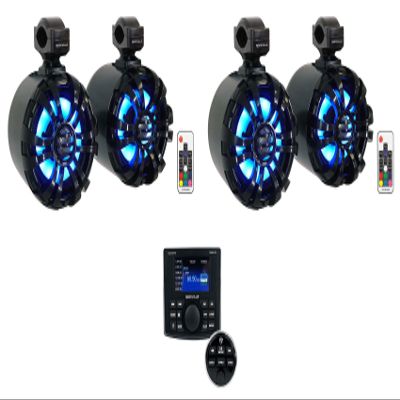 Rockville RGHR-ZA Bundle: 4-Zone Marine Gauge-Hole Stereo Receiver w/Bluetooth App Control, Wired Remote, (2) Pair WB65KLED Black 6.5-in 300W Peak/150W RMS LED Wakeboard Tower Speakers, 3-Items