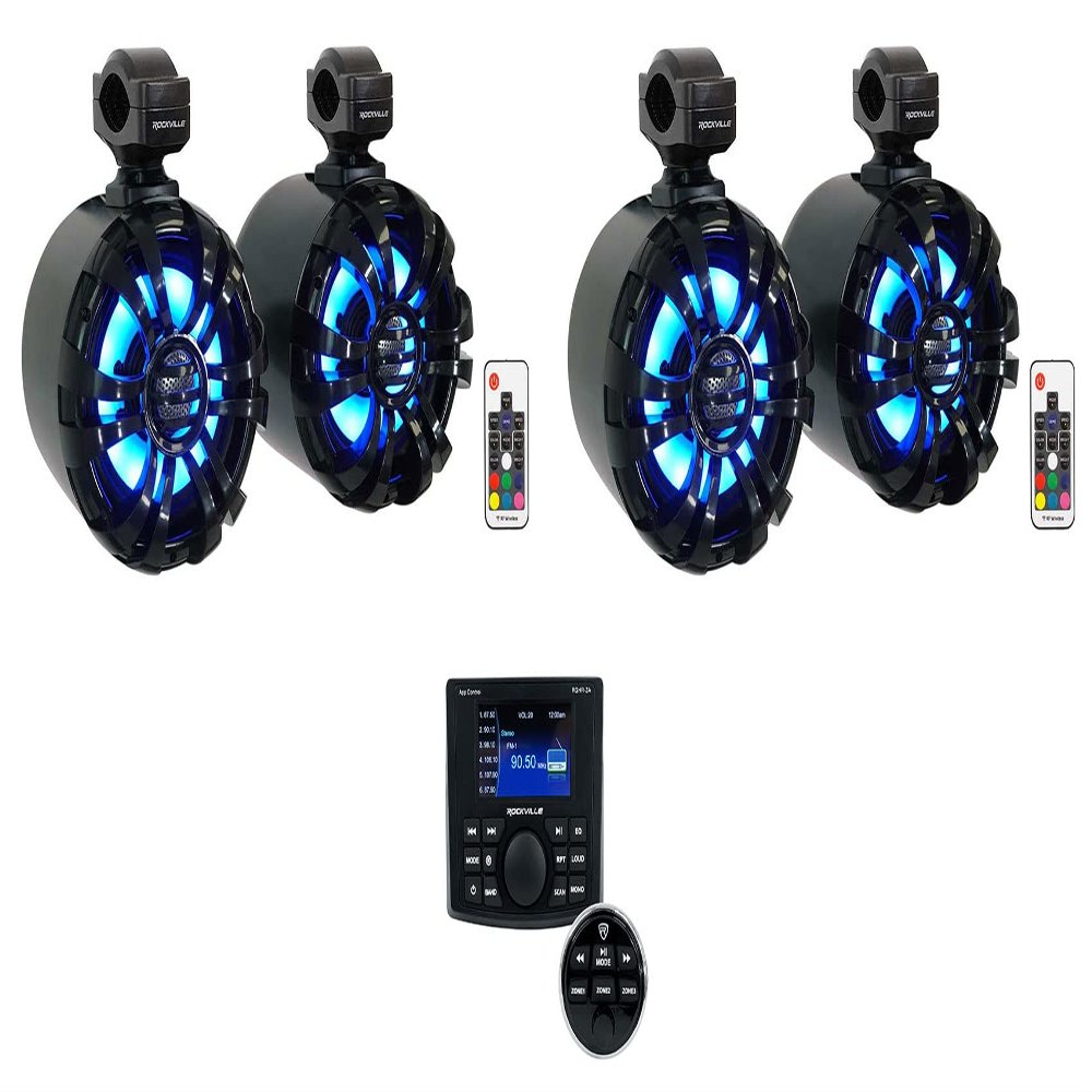 Rockville RGHR-ZA Bundle: 4-Zone Marine Gauge-Hole Stereo Receiver w/Bluetooth App Control, Wired Remote, (2) Pair WB65KLED Black 6.5-in 300W Peak/150W RMS LED Wakeboard Tower Speakers, 3-Items