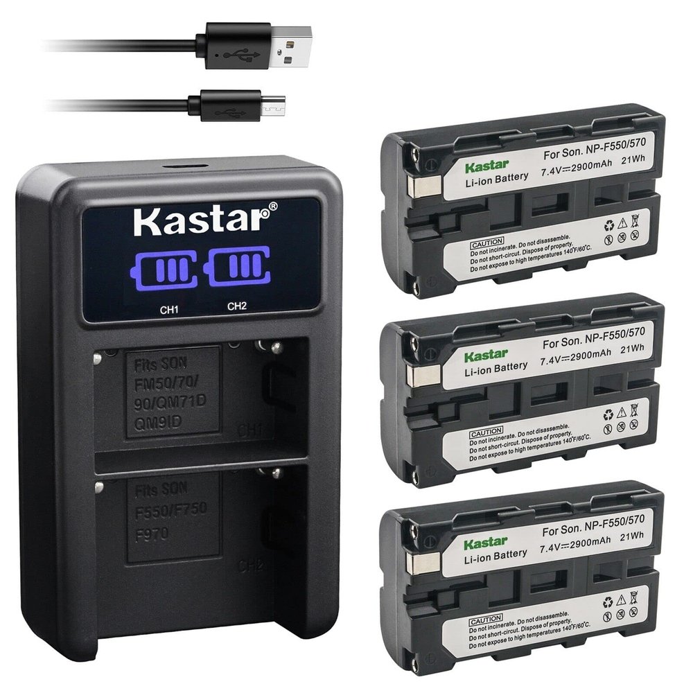 Kastar 3-Pack NP-F570 Battery and LED2 USB Charger Compatible with P5, R5, R5, R6 UHB, R7, R72, R7S, U6, SWIT CM-S75C, CM-S75F On-Camera Field Monitor