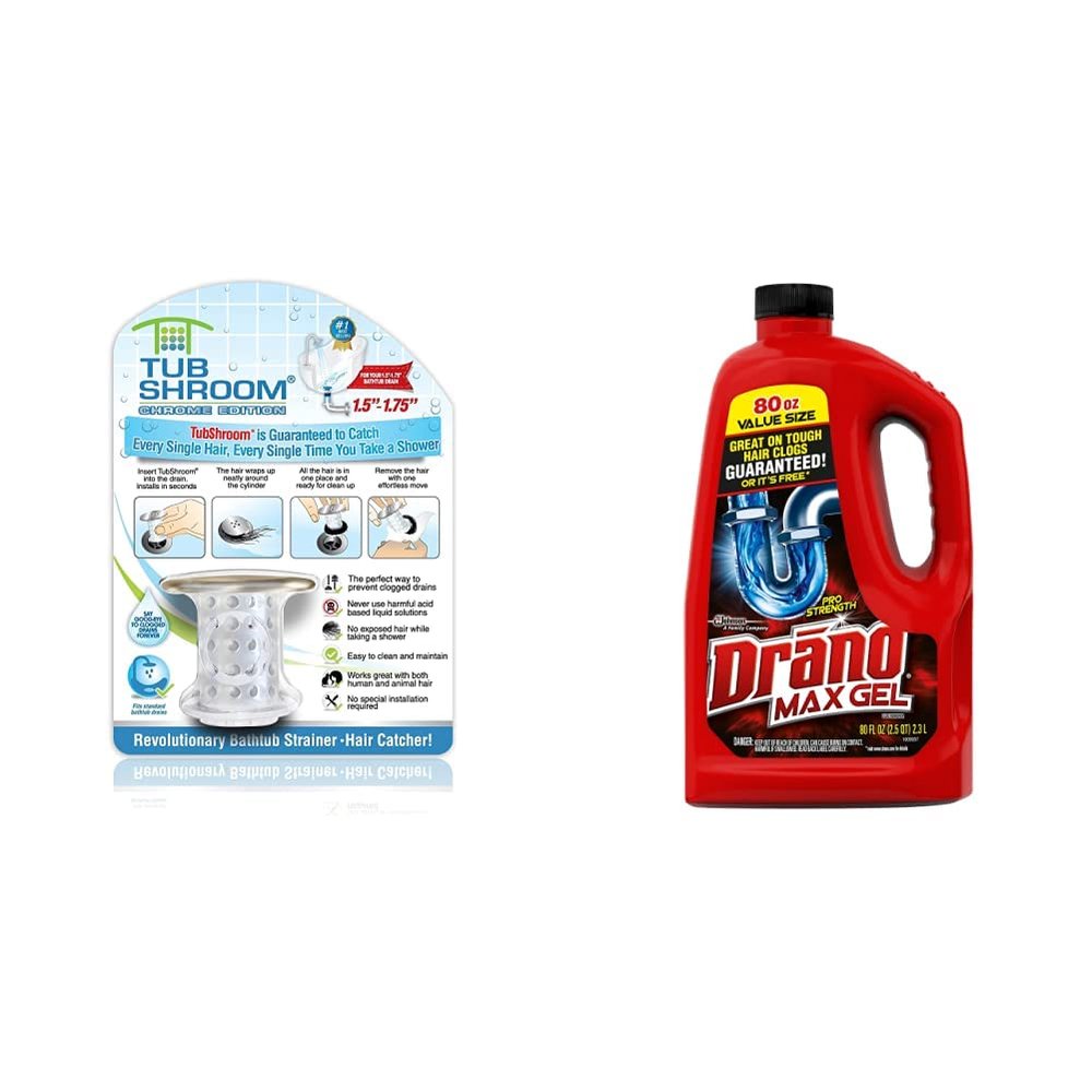 TubShroom Tub Drain Hair Catcher, Chrome & Drano Max Gel Drain Clog Remover and Cleaner for Shower or Sink Drains, Unclogs and Removes Hair, Soap Scum, Blockages, 80 oz