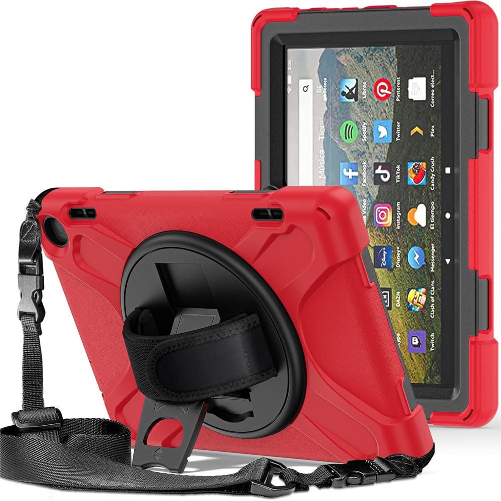 360 Rotation Case for Fire HD 8 / Fire HD 8 Plus Tablet (12th Generation 2022) Rugged Case Rotating Stand Hand Strap Shoulder Strap Outdoor Cover (Red)