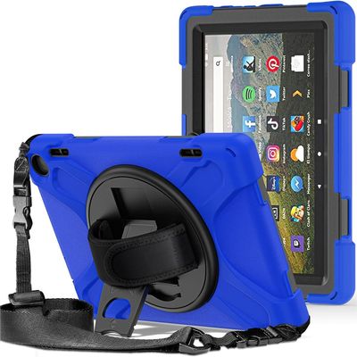 360  Rotation Case for Fire HD 8 / Fire HD 8 Plus Tablet (12th Generation 2022) Rugged Case Rotating Stand Hand Strap Shoulder Strap Outdoor Cover (Blue)