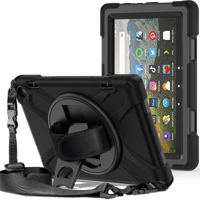 360  Rotation Case for Fire HD 8 / Fire HD 8 Plus Tablet (12th Generation 2022) Rugged Case Rotating Stand Hand Strap Shoulder Strap Outdoor Cover (Black)