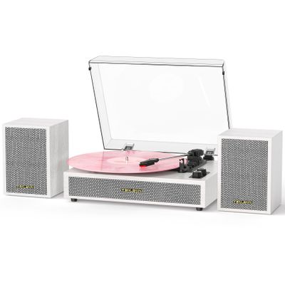 Vinyl Record Player with External Speakers, 3 Speed Vintage Belt Drive Turntable Record Player with Stereo Speakers RCA Audio Out and Aux-in, White Wood