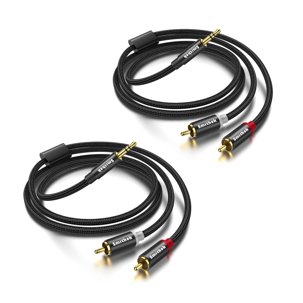 Smithok 2 Pack 3.5mm to RCA Cable,Gold Plated,Nylon Braided 1/8 Male to Male Stereo Aux Cord [Left/Right] Y Splitter Adapter for Tablets, Speakers, Smartphones, MP3, HDTV Black (3.3Ft/1m)