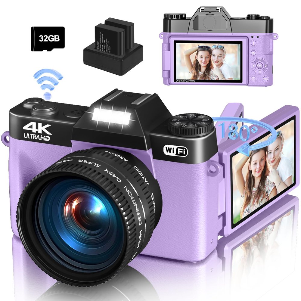 4K Digital Camera for Photography & Vlogging, 56MP YouTube Camera with WiFi, 3" 180 Flip Screen, 16X Digital Zoom, 52mm Wide Angle & Macro Lens, 32GB TF Card, 2 Batteries  Purple