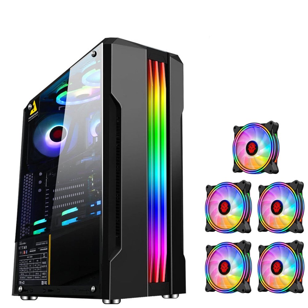 Black 5fans+ PC Case ATX M-ATX Mid-Tower Gaming Computer Case Tempered Glass 120mm ARGB Fans USB3.0 Tempered Glass Side