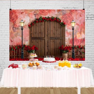 15x10ft Valentine Backdrop Rustic Wood Door and Red Rose Flower Decorate Photography Background Abstract Retro Rose Wall Background Valentine Day Dessert Cake Table Decoration