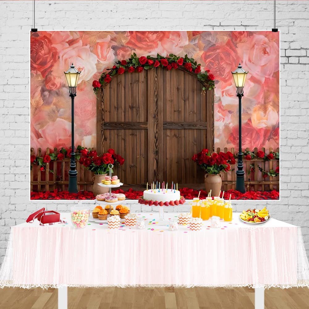 15x10ft Valentine Backdrop Rustic Wood Door and Red Rose Flower Decorate Photography Background Abstract Retro Rose Wall Background Valentine Day Dessert Cake Table Decoration