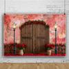 15x10ft Valentine Backdrop Rustic Wood Door and Red Rose Flower Decorate Photography Background Abstract Retro Rose Wall Background Valentine Day Dessert Cake Table Decoration view 2