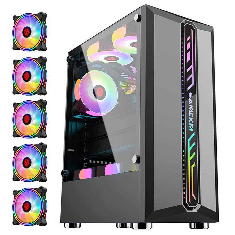 Black USB3.0 Mid-Tower PC Gaming Computer Case - Tempered Glass ATX Mid Tower with 5pcs 120mm ARGB Fans USB3.0 Tempered Glass Side