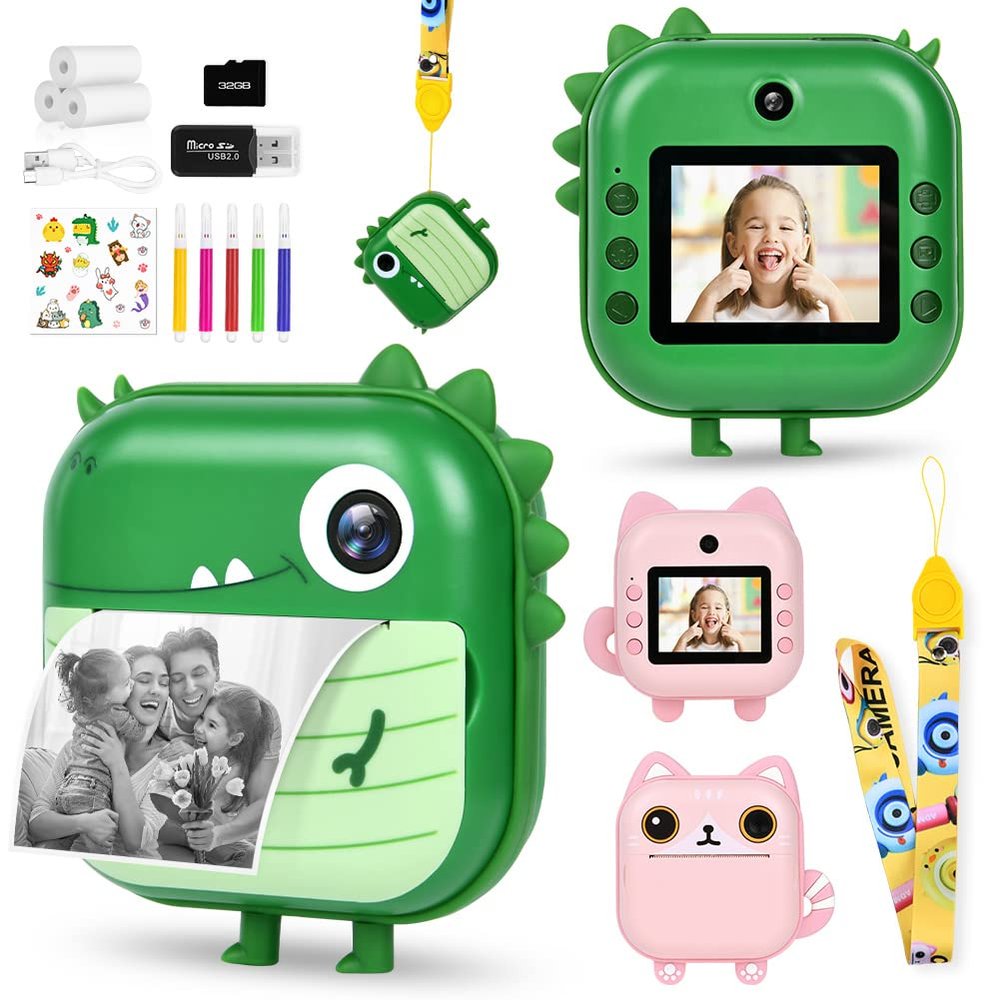 Ainiv Instant Print Camera for Kids - Dual 1080P Camera with Print Papers & 5 Color Pens, 32GB SD Card, Gift for 3-12 Year Olds - Green