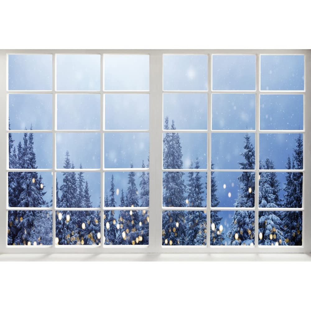 Laeacco 3x2m Pine Tree Backdrop, Window Outdoor Snowflakes Glittering Bokeh Light Spots Photography Background Winter Fir Forest Backdrop for Theme Party Decor Kids Adult Portrait Shoot Props