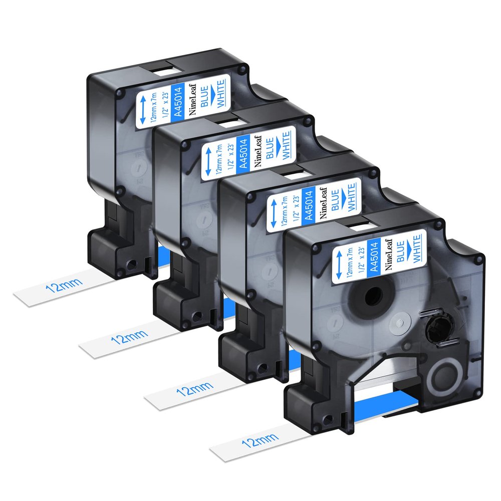 NineLeaf 4 Pack Compatible for Dymo D1 45014 S0720540 Label Tape 12mm 1/2 Inch Blue on White Refills Labeler for LabelManager 160 280 360D PNP LabelWriter 450 Duo ColorPop 3M Label Maker