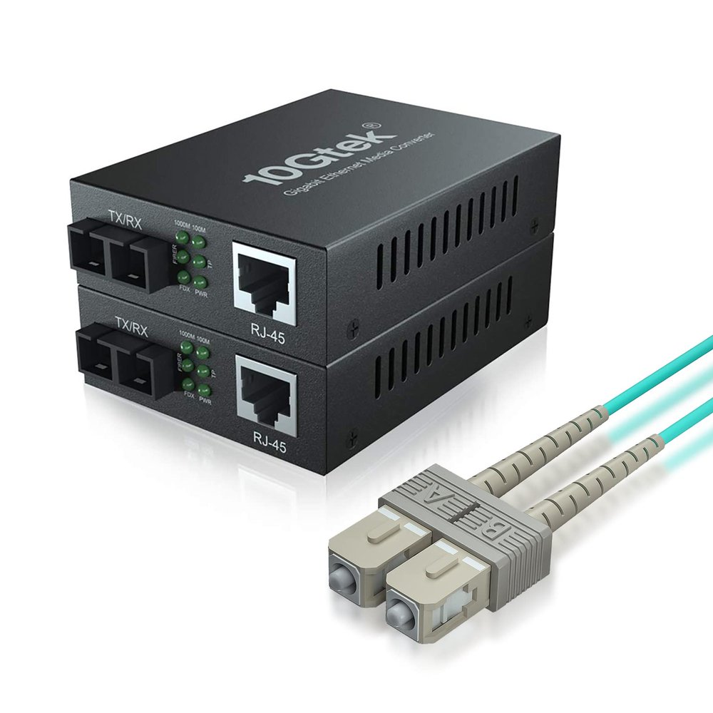 10Gtek 5-Meter OM3 SC to SC Fiber Optic Cord & 2Pack 1.25G Gigabit Ethernet Media Converter