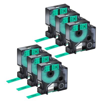 NineLeaf 6 Pack Compatible for Dymo D1 45019 S0720590 Label Tape 12mm 1/2 Inch Black on Green Refills Labeler for LabelManager 160 280 360D PNP LabelWriter 450 Duo ColorPop 3M Label Maker