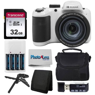 Kodak PIXPRO AZ405 Digital Camera (White) Bundle with Case, 32 GB SD Memory Card, Memory Card Wallet, Card Reader, Table Tripod, 4 AA Batteries & White Charger and Cloth