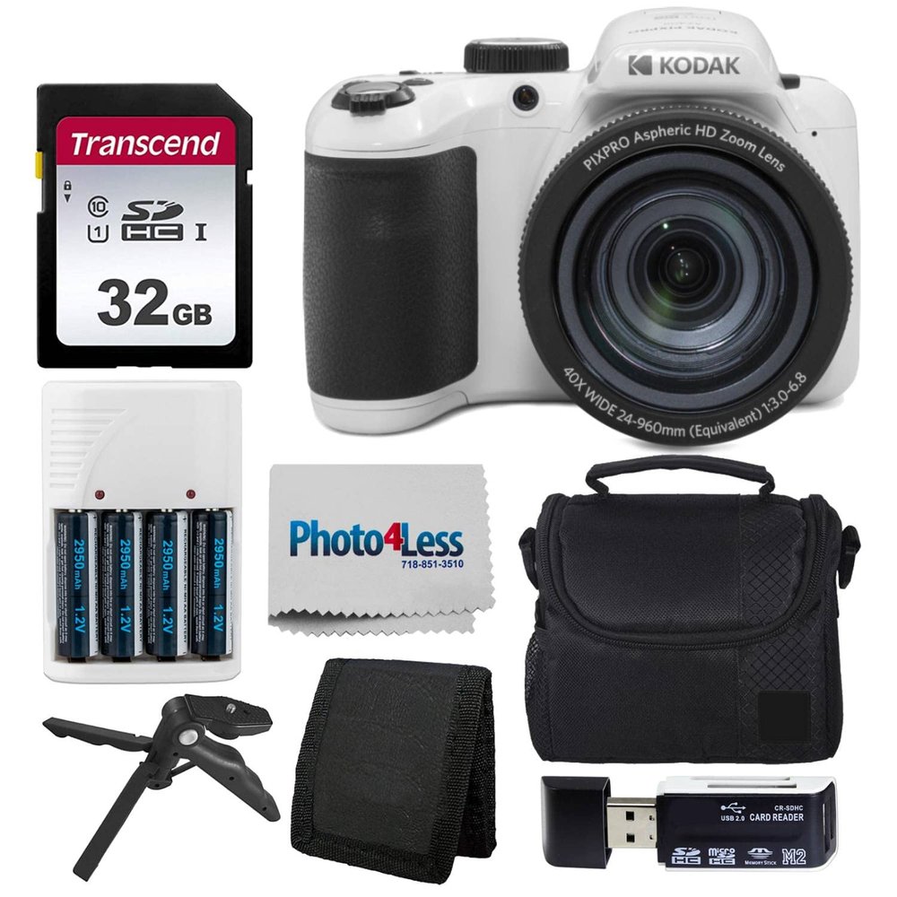 Kodak PIXPRO AZ405 Digital Camera (White) Bundle with Case, 32 GB SD Memory Card, Memory Card Wallet, Card Reader, Table Tripod, 4 AA Batteries & White Charger and Cloth