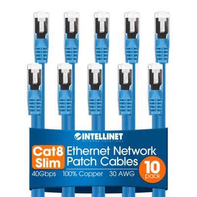 Intellinet Cat8.1 Slim U/FTP RJ45 Ethernet Cable 10-Pack, 7 ft, Blue