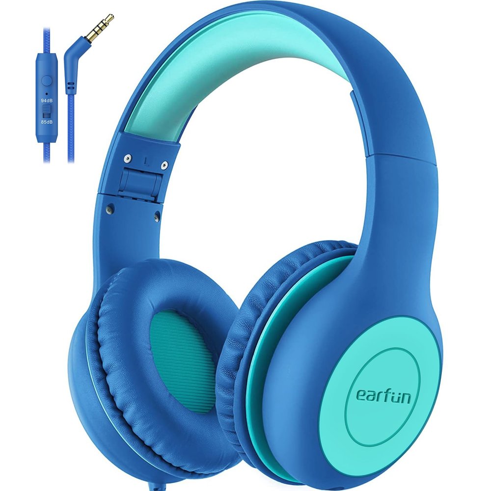 EarFun Kids Headphones Wired with Microphone, 85/94dB Volume Limit Headphones for Kids, Portable Wired Headphone with Shareport, Stereo Sound Foldable Headset for School/Tablet/iPad/Kindle Blue Green