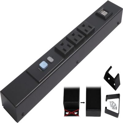 12 Hardwired Power Strip (NO Power Cord), 3 Horizontal Outlets (NEMA 5-15R - NOT 20Amp), with Ears (with mounting tabs on Both Ends), ALCI, USB, Black