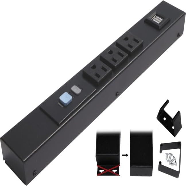 12 Hardwired Power Strip (NO Power Cord), 3 Horizontal Outlets (NEMA 5-15R - NOT 20Amp), with Ears (with mounting tabs on Both Ends), ALCI, USB, Black
