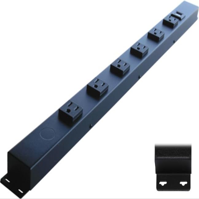 24 Hardwired Power Strip (NO Power Cord), 6 Tamper Resistant Outlets (NEMA 5-15R - NOT 20Amp), with Ears (with mounting tabs on Both Ends), USB, Black