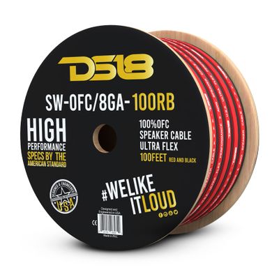 DS18 SW-OFC8GA-100RB OFC 8-GA Speaker Wire 100 Feet Ultra Flex 100% Oxygen Free Copper - Great Use for Car Speakers Stereos and Home Theater Speakers