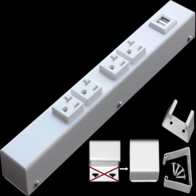 12 Hardwired Power Strip (NO Power Cord), 4 (NEMA 5-20R) Vertical Outlets (NOT Tamper Resistant), NO Ears (Without mounting tabs on Both Ends), 20 Amp, USB, White