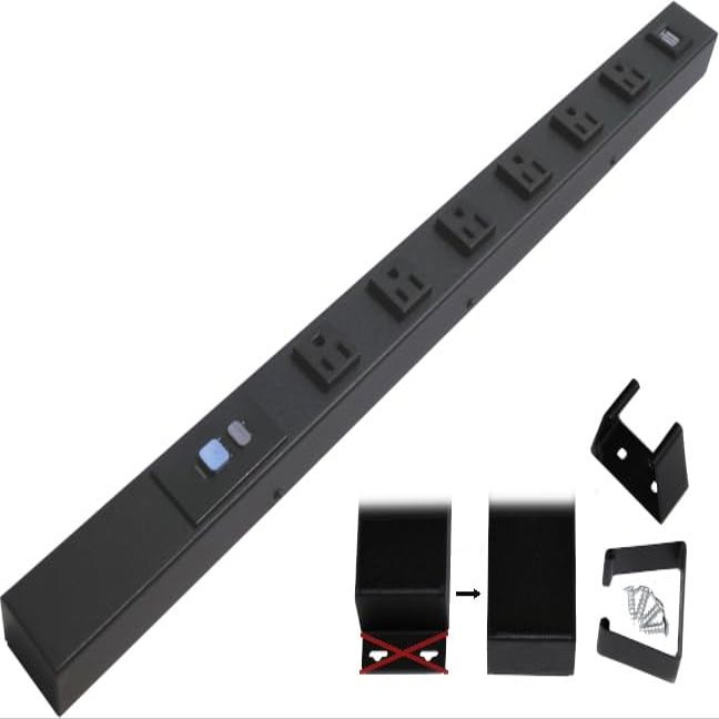 24 Hardwired Power Strip (NO Power Cord), 6 Horizontal Outlets (NEMA 5-15R - NOT 20Amp), NO Ears (Without mounting tabs on Both Ends), ALCI, USB, Black