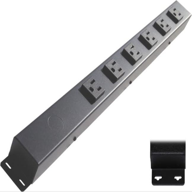 20 Hardwired Power Strip (NO Power Cord), 6 Vertical Outlets (NOT Tamper Resistant), with Ears (with mounting tabs on Both Ends), 15A (NOT a 20 Amp Unit), Black