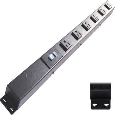 24 Hardwired Power Strip (NO Power Cord), 6 Outlets (NEMA 5-15R, Horizontal - NOT 20Amp), with Ears (with mounting tabs on Both Ends), ALCI, Black