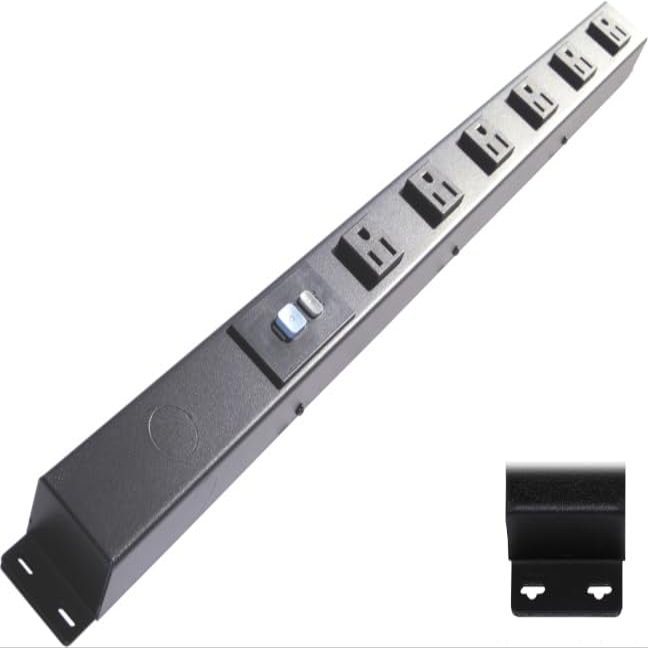 24 Hardwired Power Strip (NO Power Cord), 6 Outlets (NEMA 5-15R, Horizontal - NOT 20Amp), with Ears (with mounting tabs on Both Ends), ALCI, Black