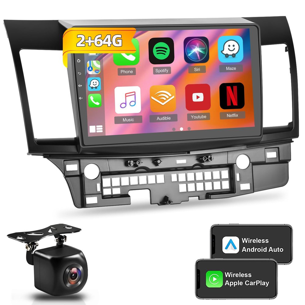 Android Car Stereo for Mitsubishi Lancer 2008-2017 with Carplay Android Auto - [2+64G] 10.1 inch HD Touch Screen Radio GPS Navigation WiFi HiFi + AHD Backup Camera