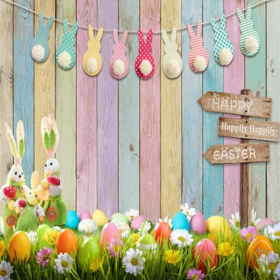LYCGS 7X5ft Spring Easter Backdrop - Easter Rabbit Color Eggs Grass Wooden Wall Backdrop - Vinyl, Tearproof, Easy to Store - Perfect for Birthday, Wedding, Baby Shower & More
