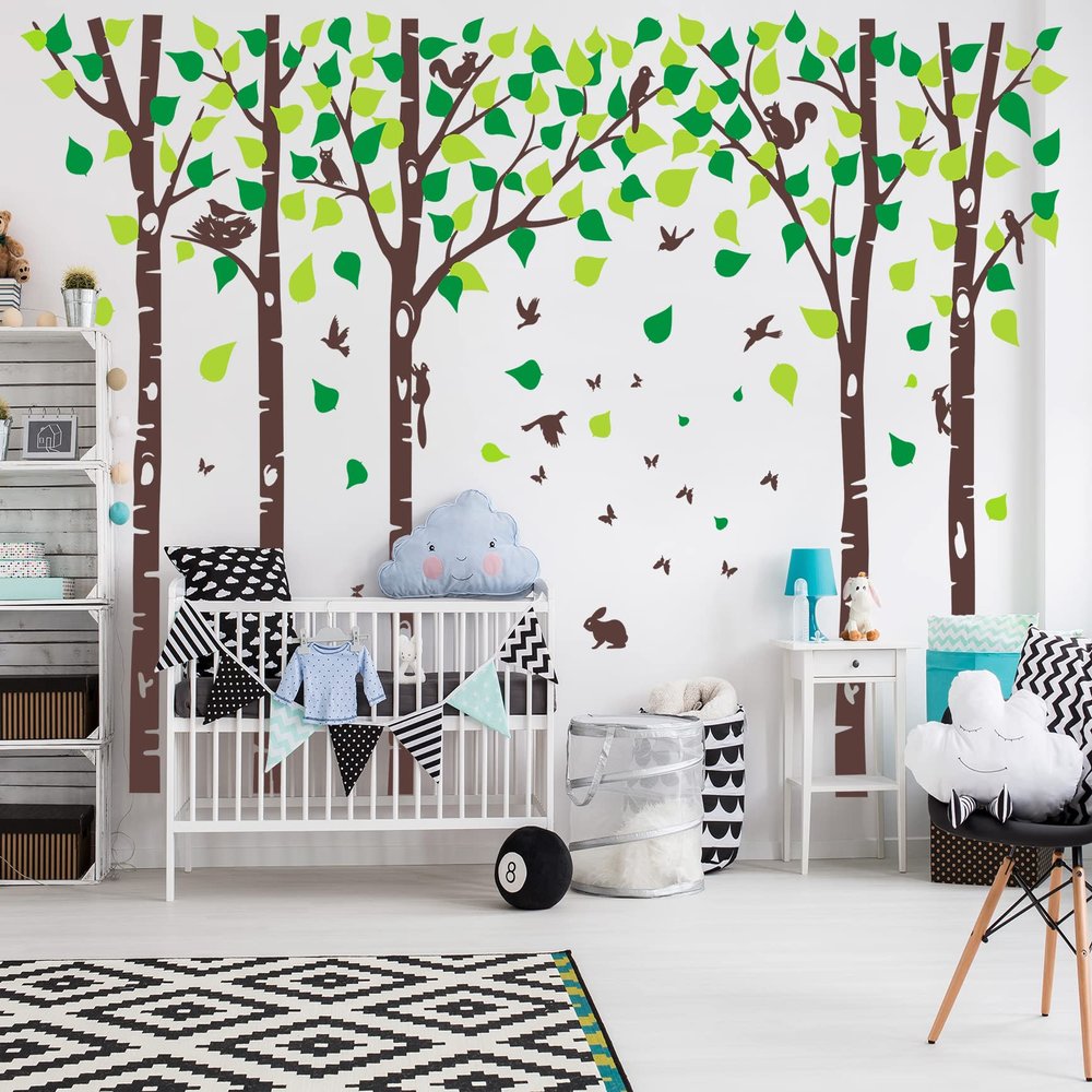5 Large Birch Tree Wall Decals Jungle Tree Wall Stickers Forest Animal Wall Stickers Squirrel Rabbit Stickers for Kids Room Nursery Bedroom Living Room Classroom Wall Decoration (100", Brown,Green)
