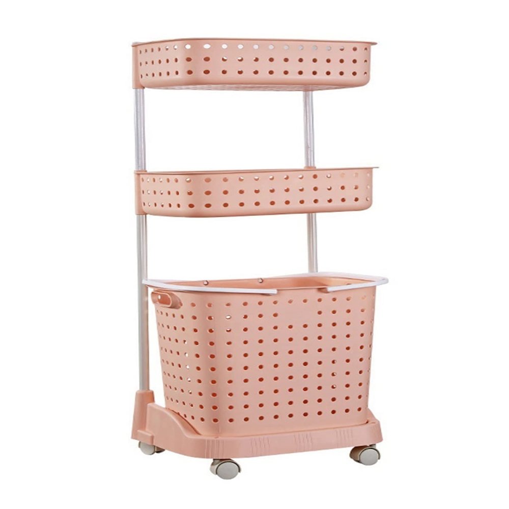 3-Tier Mobile Storage Cart,Bathroom Rolling Storage Shelves with Wheels and Removable Laundry Hamper Organizer Basket Standing Shelf Units For Bathroom and Laundry or Narrow Places,Pink