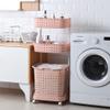 3-Tier Mobile Storage Cart,Bathroom Rolling Storage Shelves with Wheels and Removable Laundry Hamper Organizer Basket Standing Shelf Units For Bathroom and Laundry or Narrow Places,Pink view 4