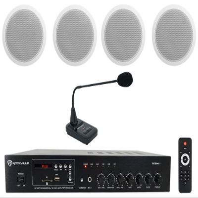 Rockville CCL6T Bundle: (4) White 6 in 70V Commercial Ceiling Speakers for Restaurant or Office, RCS80-1 60 Watt Bluetooth Amplifier, CH-MIC70 Gooseneck Paging Microphone with Chimes, 6-Items