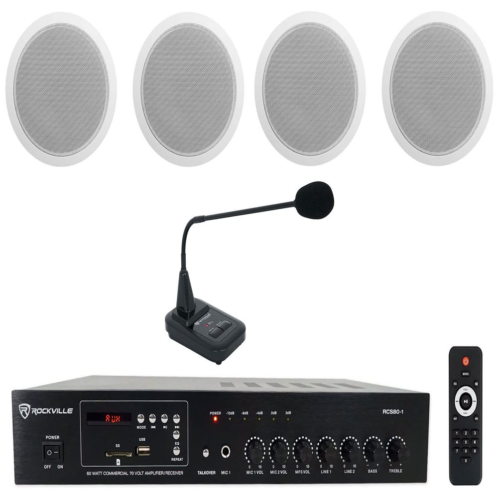 Rockville CCL6T Bundle: (4) White 6 in 70V Commercial Ceiling Speakers for Restaurant or Office, RCS80-1 60 Watt Bluetooth Amplifier, CH-MIC70 Gooseneck Paging Microphone with Chimes, 6-Items