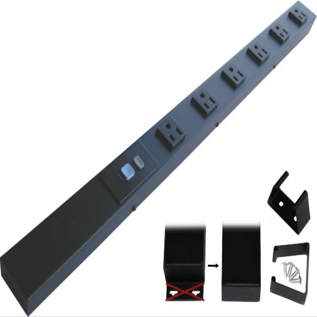 24 Hardwired Power Strip (NO Power Cord), 6 Horizontal Outlets (NEMA 5-15R - NOT 20Amp), NO Ears (Without mounting tabs on Both Ends), ALCI, Black