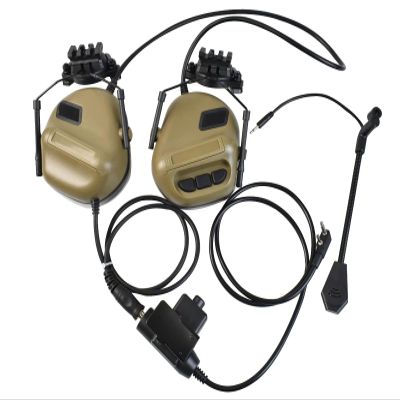Hdlsina Helmet Mode Tactical Shooting headset + with U94 PTT 2pin with ARC Rail Adapter Noise Reduction & Sound Pickup Ear Protection (TAN)