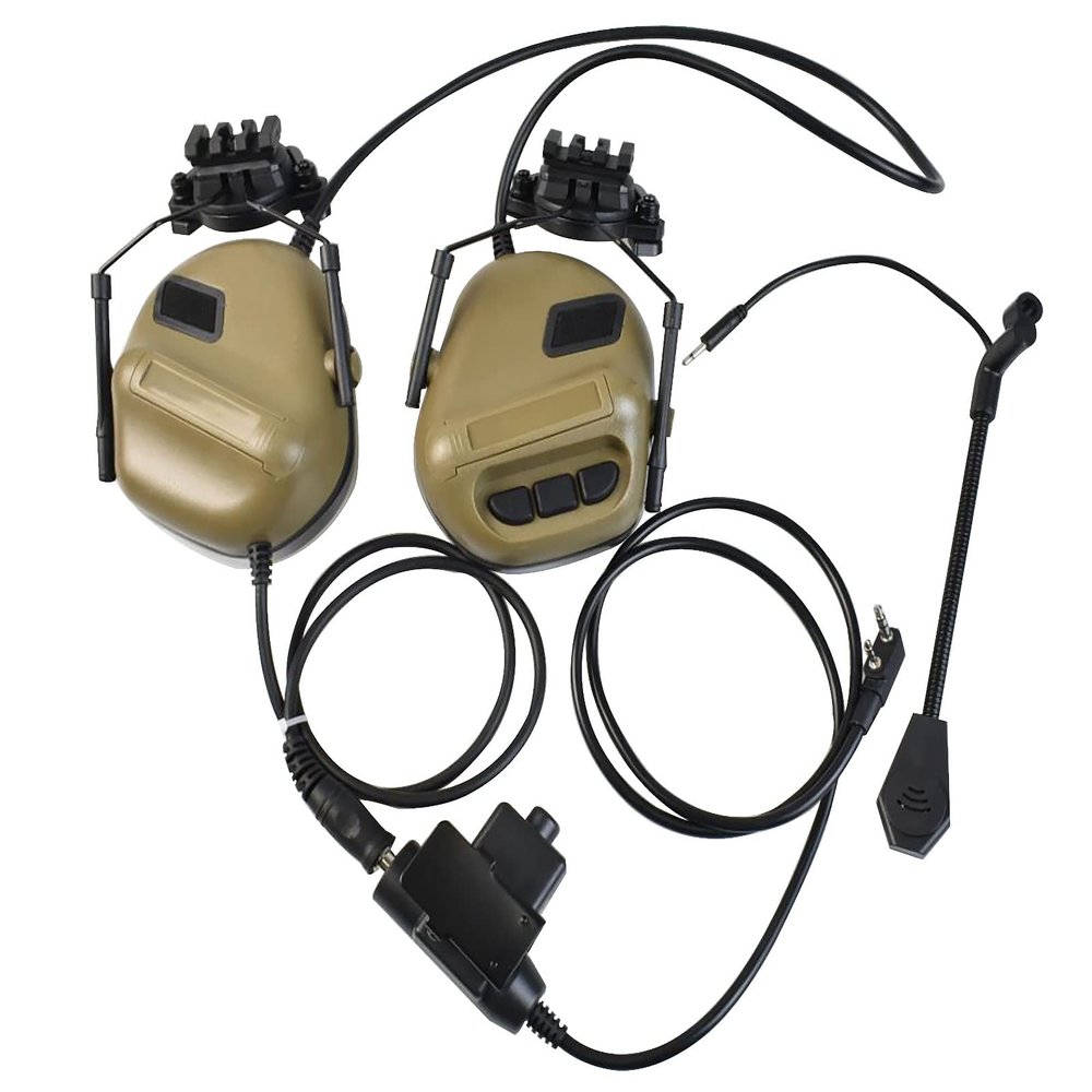 Hdlsina Helmet Mode Tactical Shooting headset + with U94 PTT 2pin with ARC Rail Adapter Noise Reduction & Sound Pickup Ear Protection (TAN)
