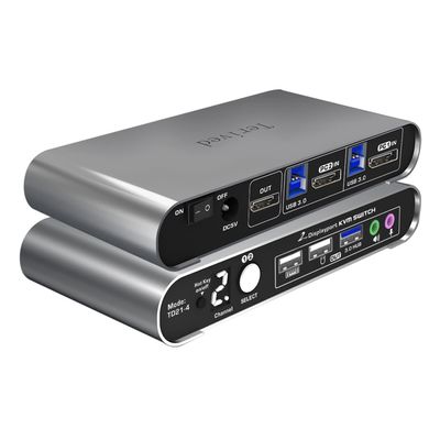 Terived 2 Port DP USB 3.0 Automatic KVM Switch Two Computers 1 DisplayPort Monitor switcher, 8K@30Hz 4K@144Hz, Aluminum hotkey Audio mic, Digital Display, HDR10 with Cables