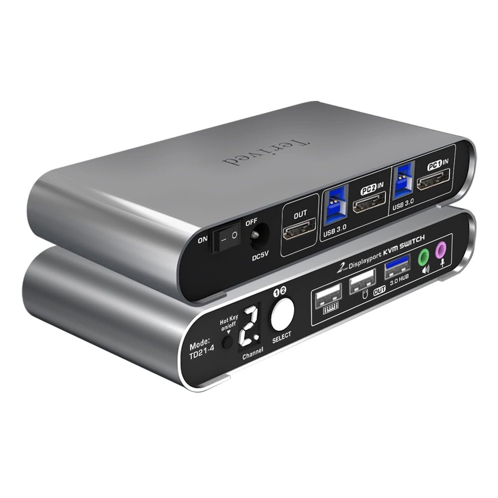 Terived 2 Port DP USB 3.0 Automatic KVM Switch Two Computers 1 DisplayPort Monitor switcher, 8K@30Hz 4K@144Hz, Aluminum hotkey Audio mic, Digital Display, HDR10 with Cables