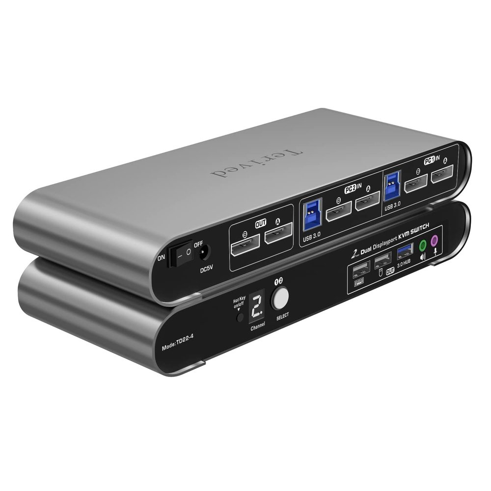 Terived 2 Port DP USB 3.0 Automatic KVM Switch Dual Monitor 4K@144Hz Two Computers Two DisplayPort Monitors switcher, 8K@30Hz, Aluminum hotkey Audio mic, Digital Display, HDR10 with Cables