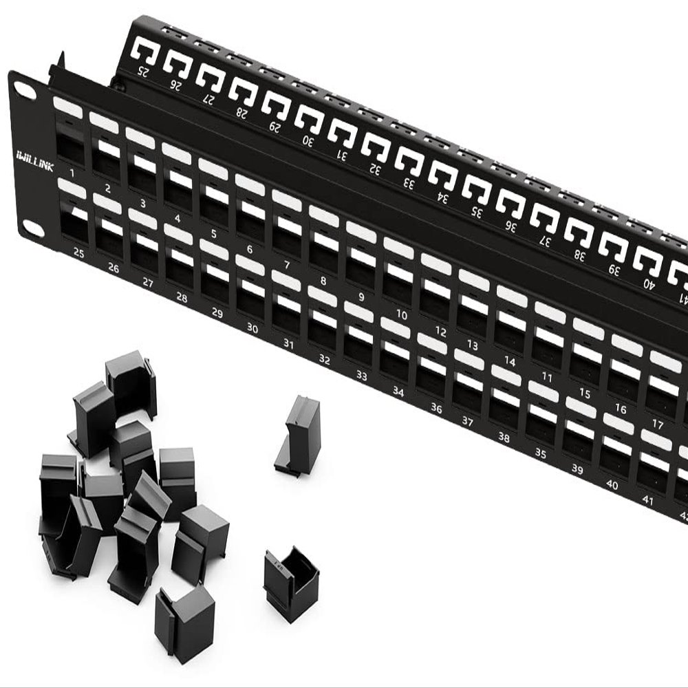 iwillink Blank 48-Port Keystone Patch Panel, 2U 19'' Rackmount/Wallmount with Metal Housing, Includes 24 Blank Inserts for Custom AV/Data Setups